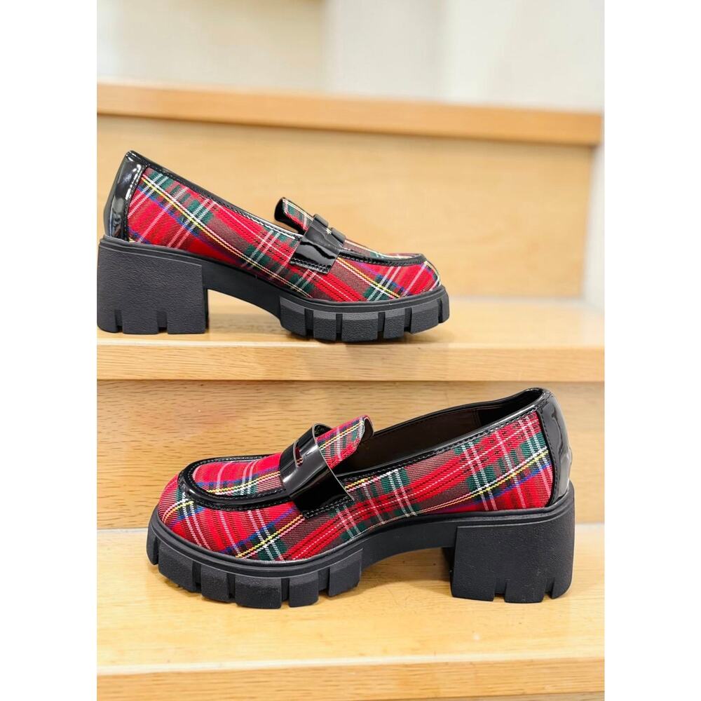 Torrid Betsey Johnson 10WW Punk Rockabilly Red Plaid Creeper Chunky Heel Shoes - Picture 3 of 4
